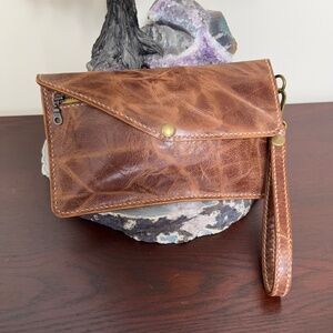 Handmade Honey Brown Leather Clutch, Detach Strap, Antique Brass Hardware